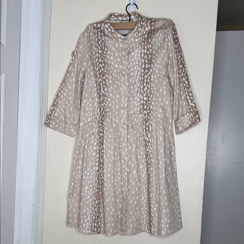 Tuckernuck Antelope Royal Shirt Dress S Beige Animal Deer Print Coastal Chic - Picture 3 of 9